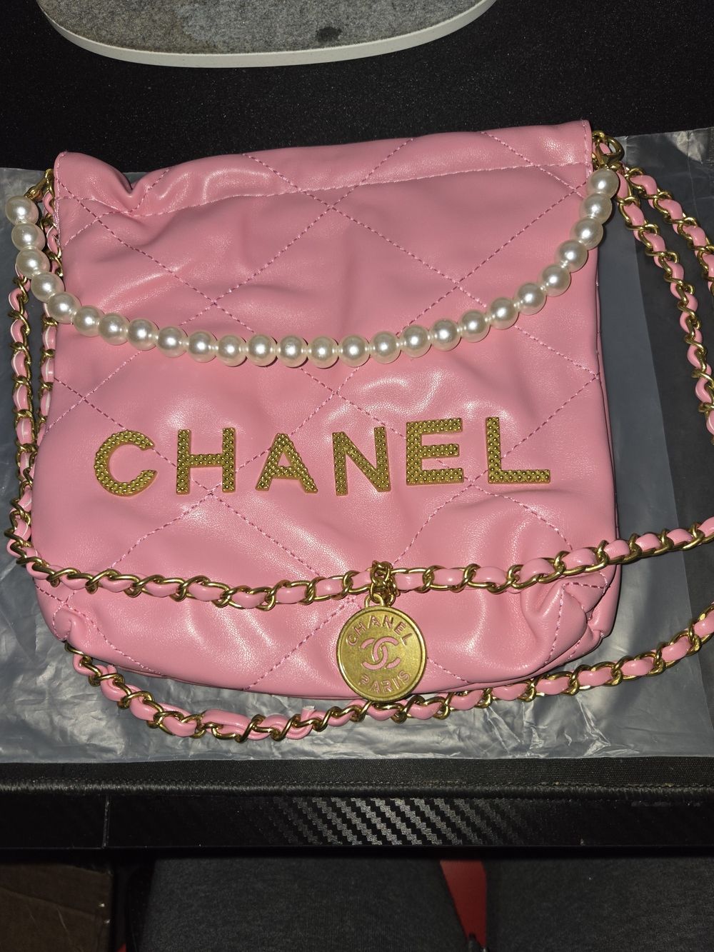 Designer Inspired Pink Quilted Leather Crossbody with Pearl Trim and Gold Chain